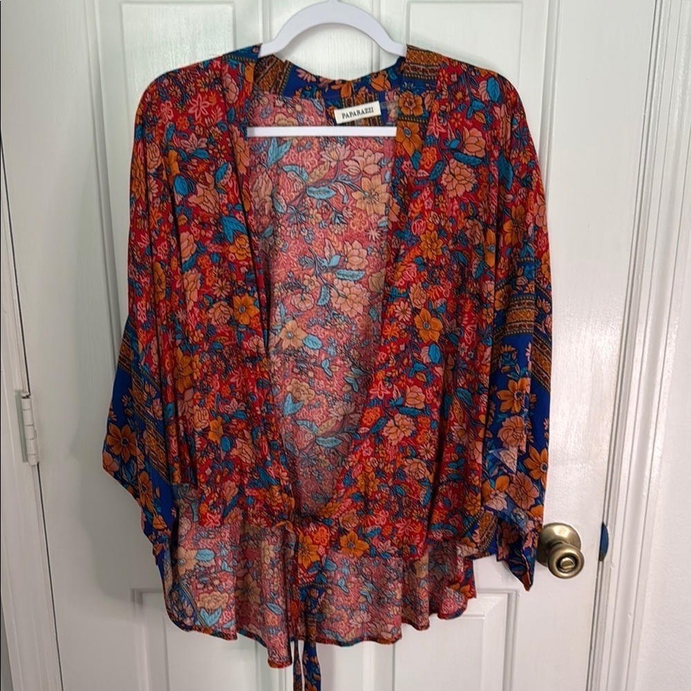 Paparazzi Red and Blue Tie Front Blouse with 3/4 Sleeves, lFlowy & Lightweight